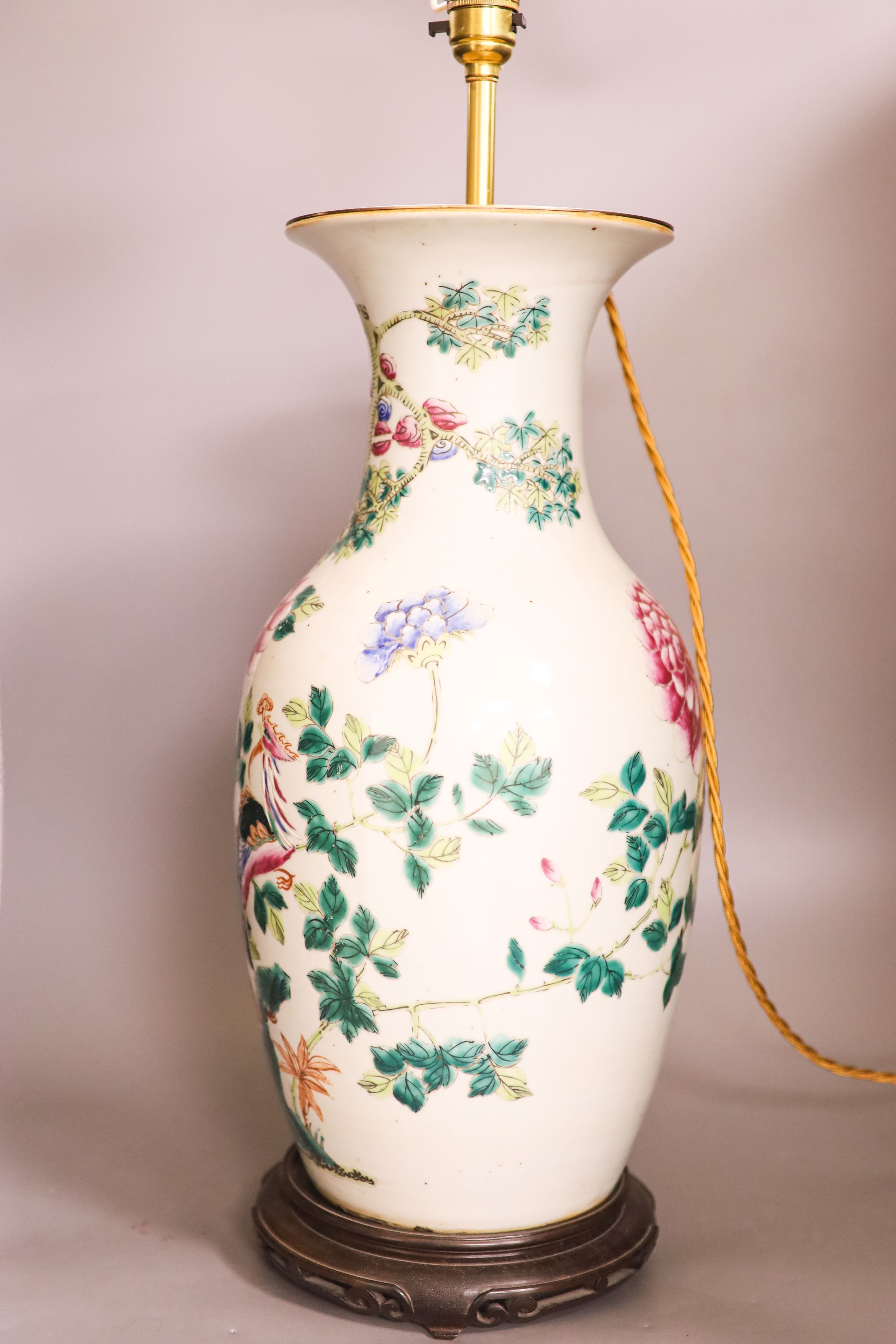 A large Chinese famille rose ‘phoenix’ vase, 19th century, 43.5cm excluding later glued lamp mount
